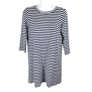 J Crew Dress Womens Small Navy Blue White Striped Shift Knit 3/4 Sleeve Casual